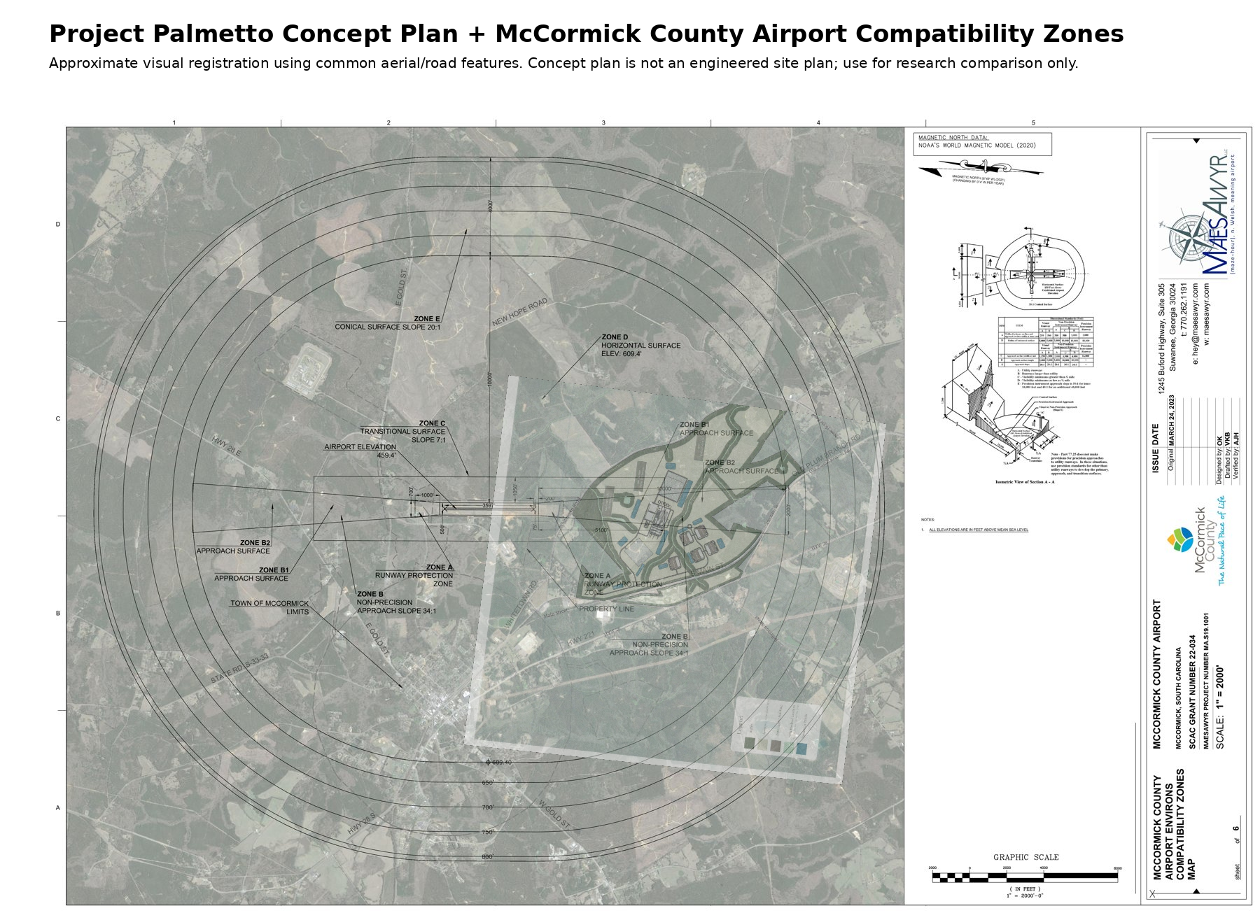 Approximate alignment of the Project Palmetto concept plan over McCormick County Airport compatibility zones; research comparison only